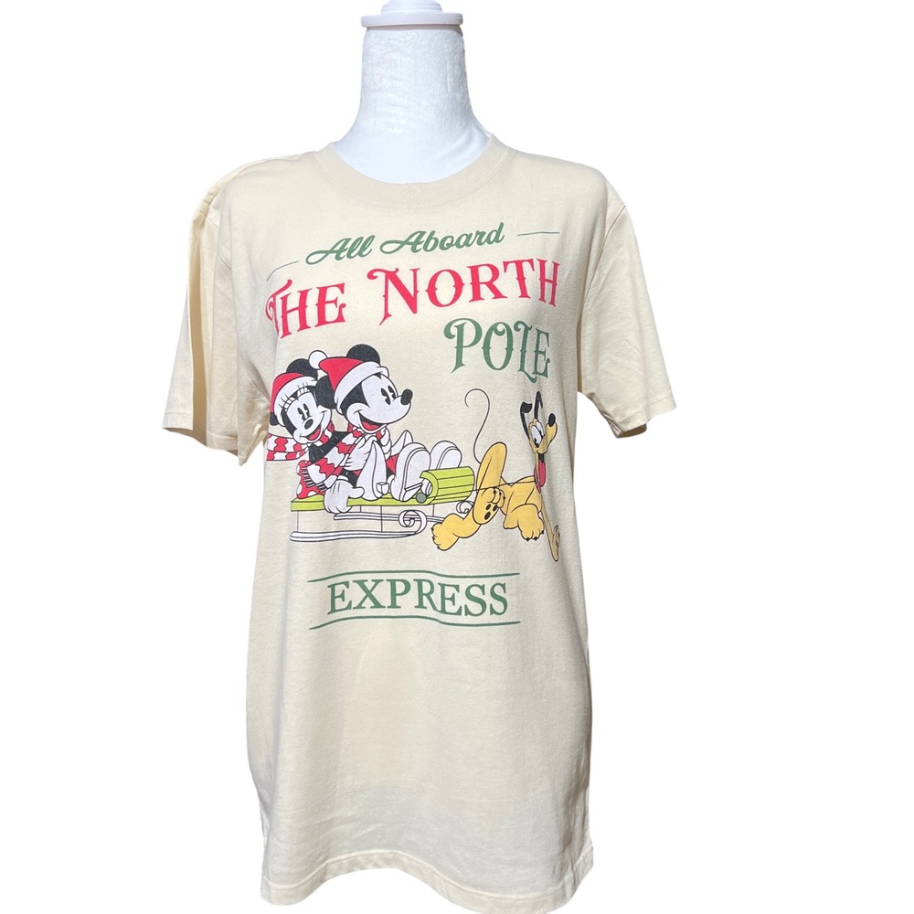 Disney Mickey Minnie Pluto North Pole Express Cream Graphic T-Shirt Size M‎